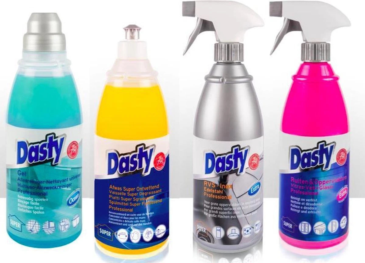 Dasty Keuken+Badkamer Pakket 8 Stuks: WC-gel + Super Antikalk + Ruiten En Oppervlakten + Badkamerreiniger + Afwas Super Ontvettend + RVS- En Inductiekookplatenreiniger + Ruiten En Oppervlakten + Allesreinigende Gel + GRATIS Set Sponzen 4 Dasty Keuken+Badkamer Pakket 8 Stuks: WC-gel + Super Antikalk + Ruiten En Oppervlakten + Badkamerreiniger + Afwas Super Ontvettend + RVS- En Inductiekookplatenreiniger + Ruiten En Oppervlakten + Allesreinigende Gel + GRATIS Set Sponzen - Afbeelding 2