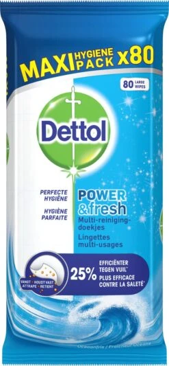 Dettol - Power & Fresh - Schoonmaakdoekjes - Oceaanfris - 4 X 80 Doekjes -Schoonmaakproducten Winkel 556x1200